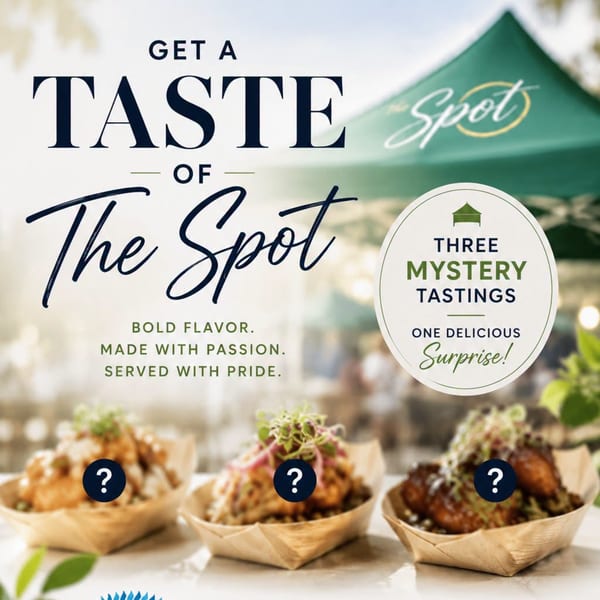 Three mystery tasting dishes from The Spot restaurant with a green branded tent.
