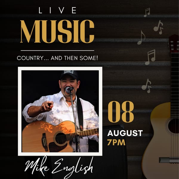 Live music advertisement featuring Mike English playing acoustic guitar and singing, with event details.