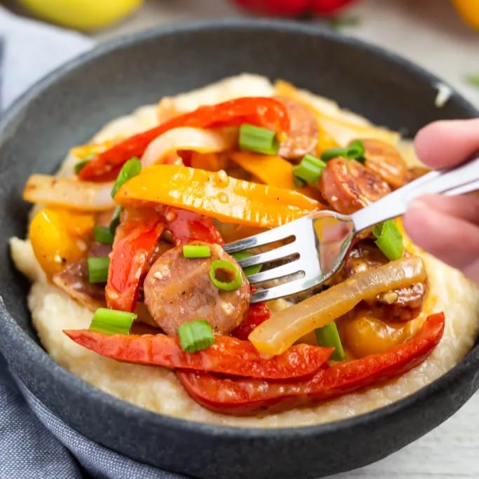 Sausage, Pineapple, Peppers & Grits.