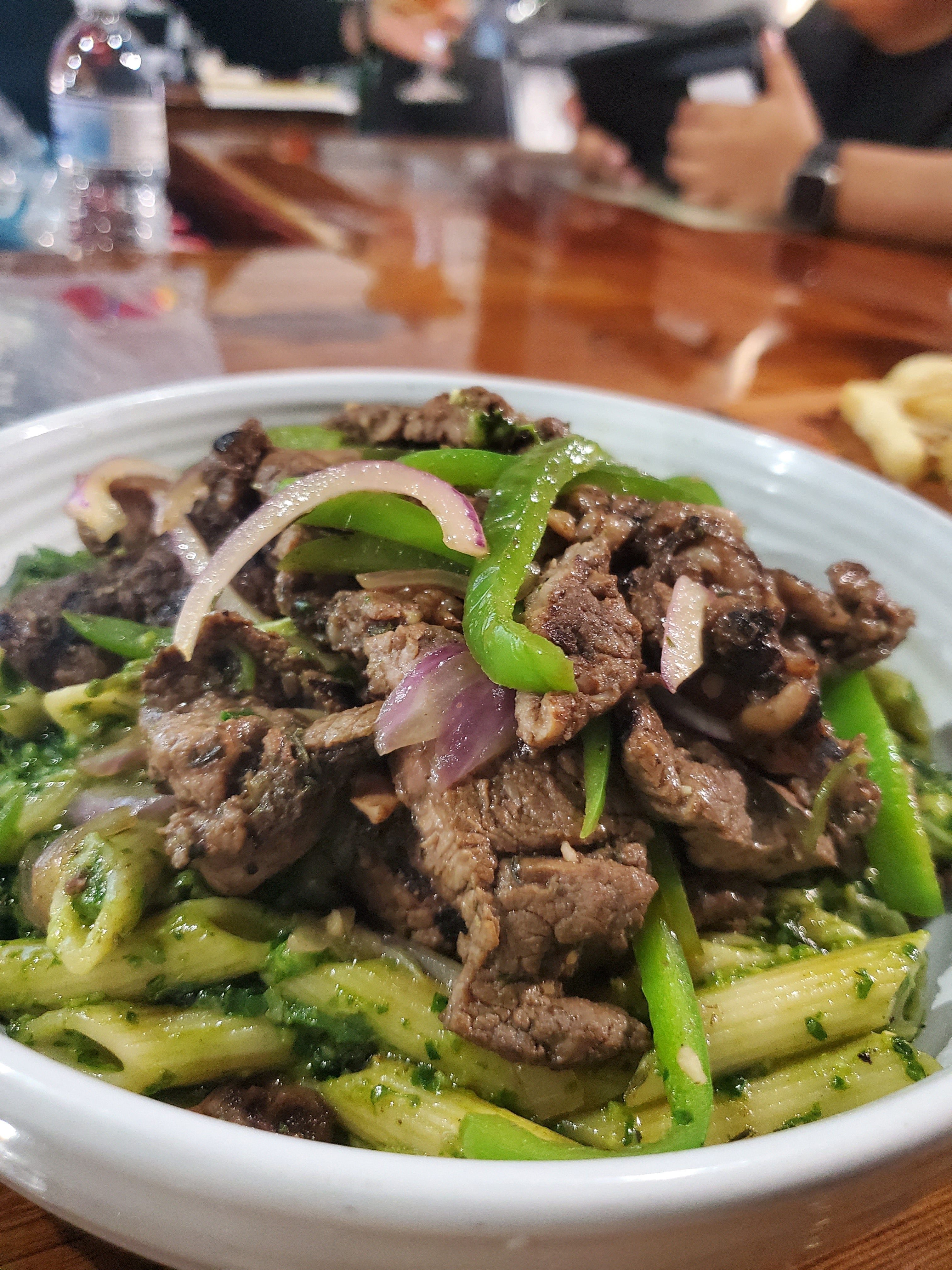Pasta Al Pesto W/ Pepper Steak.